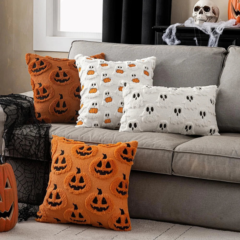 ‌Halloween Ghost Plush Pillowcase (2pc18*18in)Pillow Cover Funny Ghosts Print Cushion Cover Home Decorations Holiday Gifts