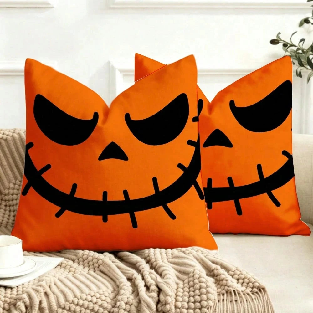 2pc Halloween Jack O Lantern Face Throw Pillow Cover 2D Double-Side Print Polyester Cushion Case, for Sofa Living Room Spooky Pa