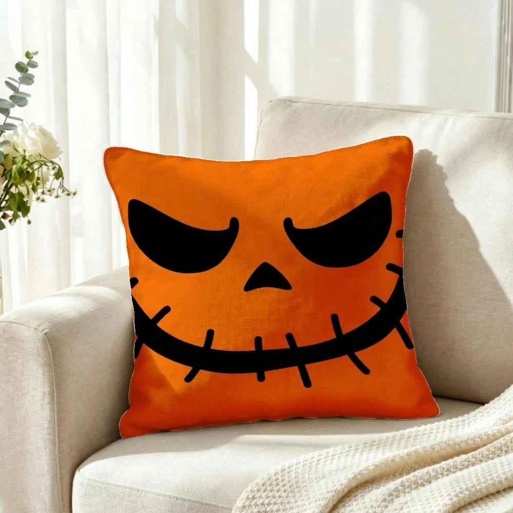 2pc Halloween Jack O Lantern Face Throw Pillow Cover 2D Double-Side Print Polyester Cushion Case, for Sofa Living Room Spooky Pa