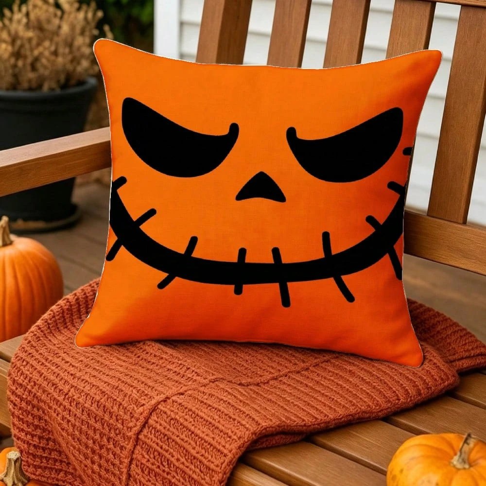 2pc Halloween Jack O Lantern Face Throw Pillow Cover 2D Double-Side Print Polyester Cushion Case, for Sofa Living Room Spooky Pa