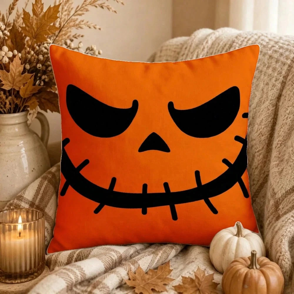 2pc Halloween Jack O Lantern Face Throw Pillow Cover 2D Double-Side Print Polyester Cushion Case, for Sofa Living Room Spooky Pa