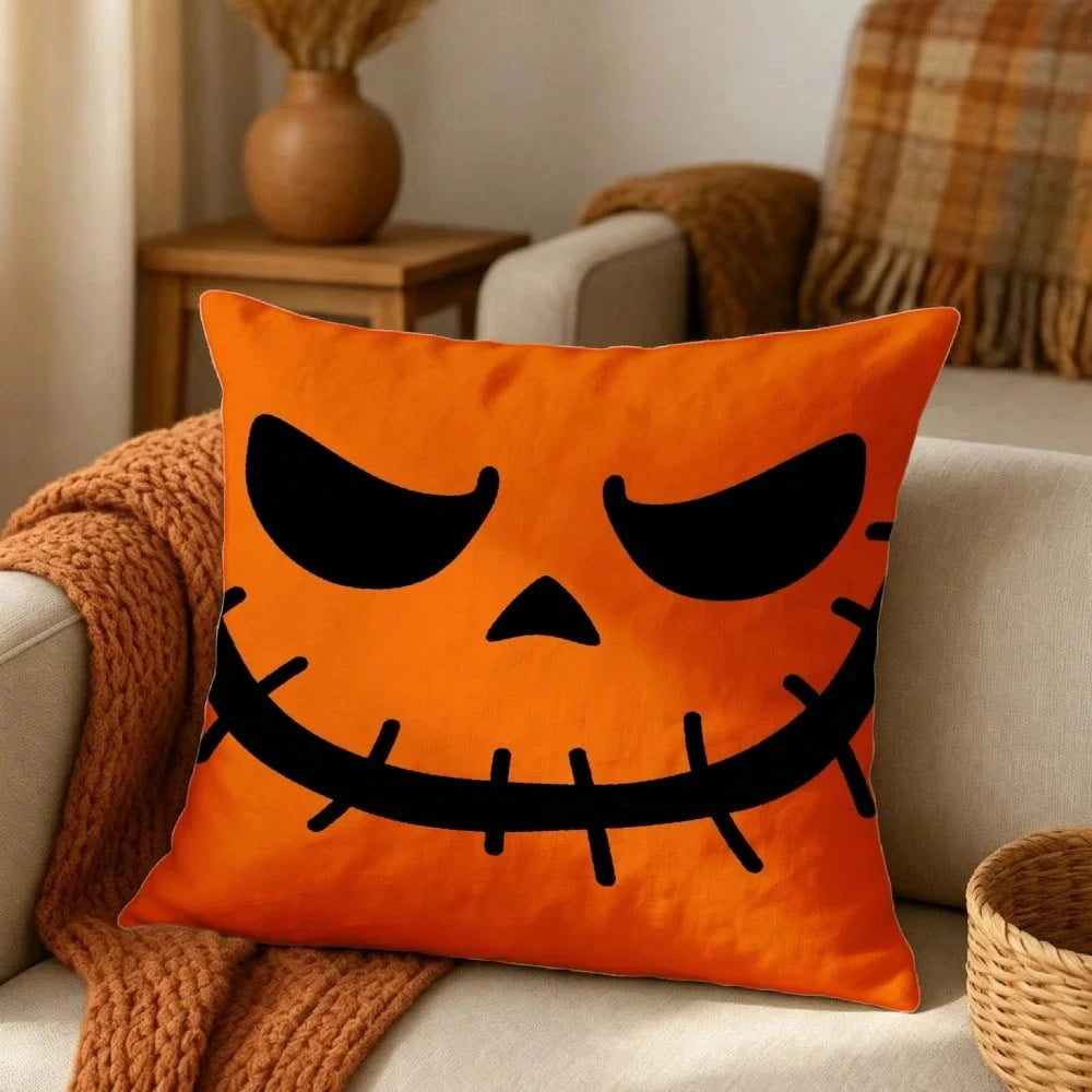 2pc Halloween Jack O Lantern Face Throw Pillow Cover 2D Double-Side Print Polyester Cushion Case, for Sofa Living Room Spooky Pa