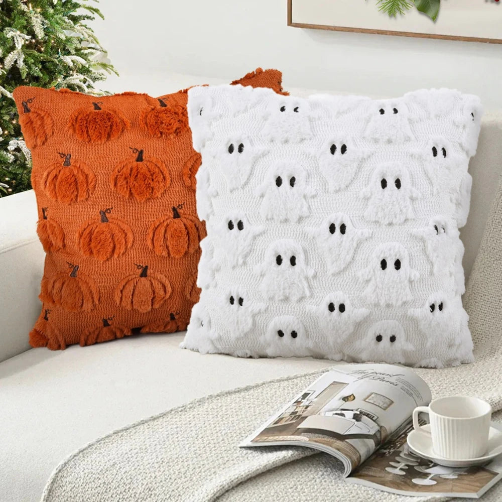 ‌Halloween Ghost Plush Pillowcase (2pc18*18in)Pillow Cover Funny Ghosts Print Cushion Cover Home Decorations Holiday Gifts