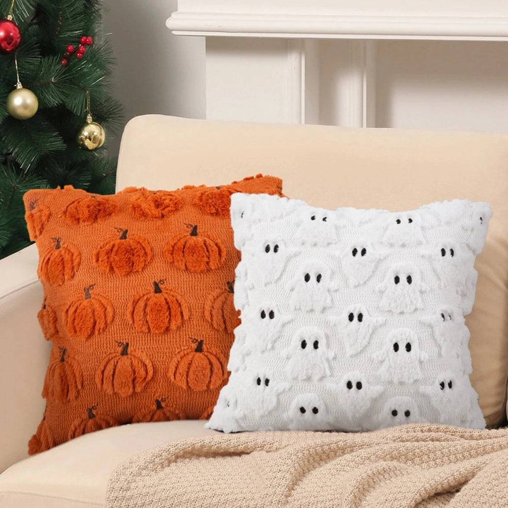 ‌Halloween Ghost Plush Pillowcase (2pc18*18in)Pillow Cover Funny Ghosts Print Cushion Cover Home Decorations Holiday Gifts